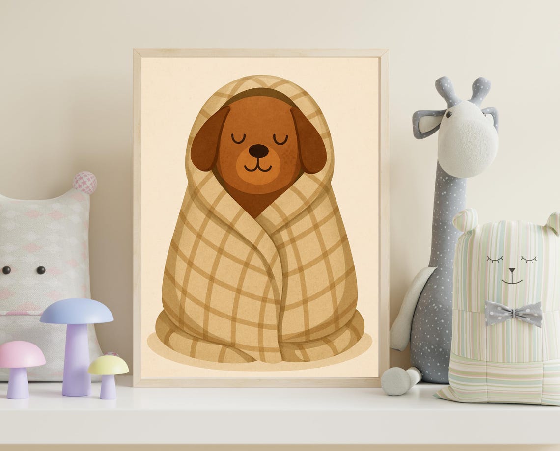 Cozy Dog Wall Art Snuggled Puppy Nursery Print Warm Calm Kids Room Decor
