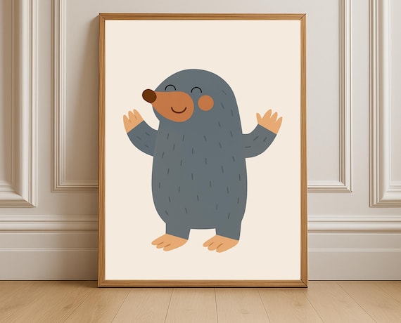 Smiling Gray Mole Waving Hello Cute Nursery Animal Sweet Poster