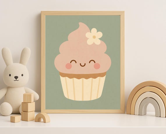 Smiling Cupcake Wall Art Sweet Pastel Nursery Print For Kids