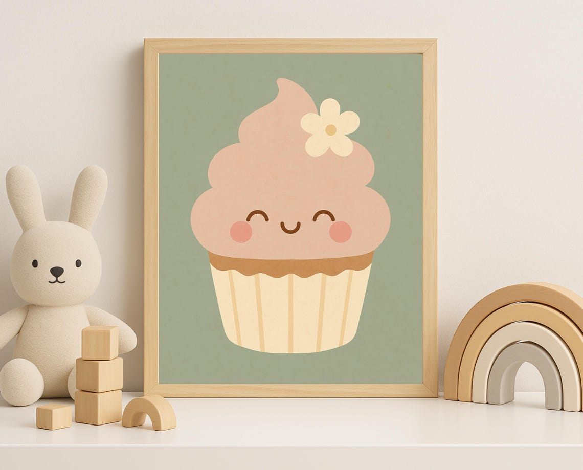Smiling Cupcake Wall Art Sweet Pastel Nursery Print For Kids