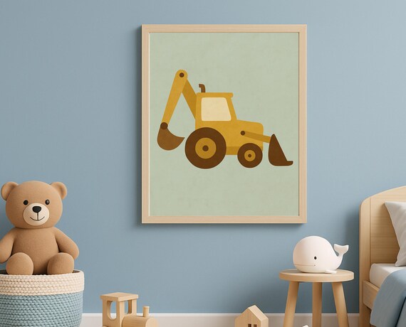 Yellow Backhoe Digger Construction Truck Toddler Kids Room Poster