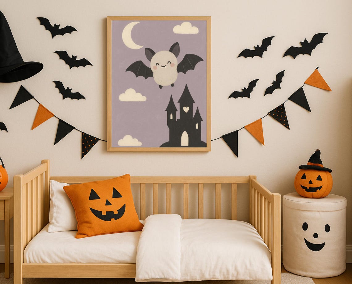 Cute Bat Print Spooky Nursery Halloween Wall Art Kawaii With Castle Instant