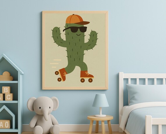 Roller Skating Cactus Wall Art Funny Nursery For Kids Cool Plant Character Poster