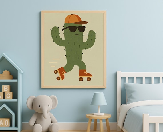 Roller Skating Cactus With Cap and Sunglasses Funny Kids Wall Art