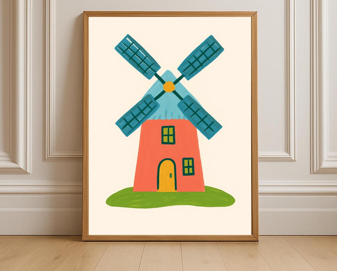 Cute Coral Windmill Nursery Illustration Playful Kids Room Art Poster