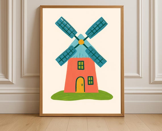 Whimsical Windmill Wall Art Print For Nursery And Toddler Room Decor Countryside Poster Baby Shower Or Kids Gift