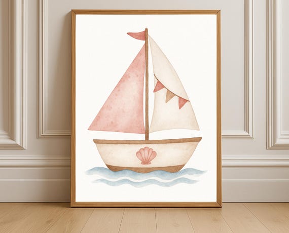 Sailboat Nursery Wall Art Coastal Nautical Pastel Boat Montessori Ocean