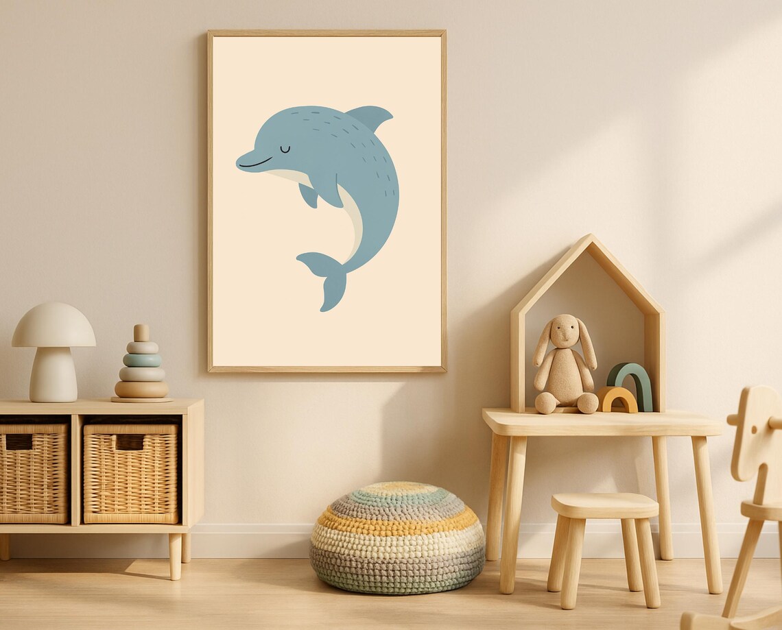 Smiling Dolphin Leaping Cute Ocean Animal Poster for Nursery Room