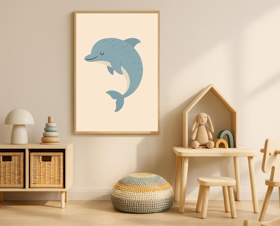 Smiling Dolphin Leaping Cute Ocean Animal Poster for Nursery Room