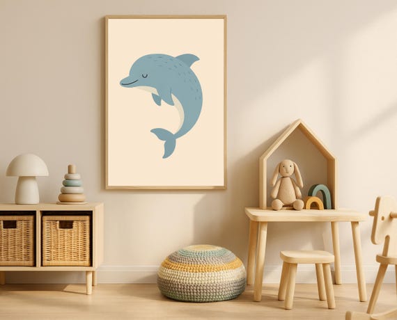 Smiling Dolphin Wall Art Ocean Nursery Print Cute Sea Animal Poster For Kids Room Instant