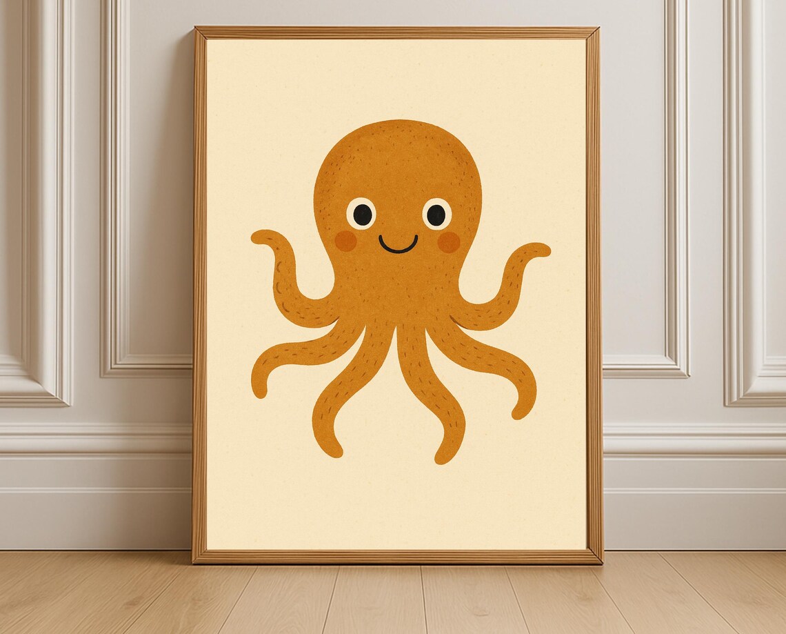 Adorable Smiling Octopus Cartoon Kids Room Nursery Decor Poster