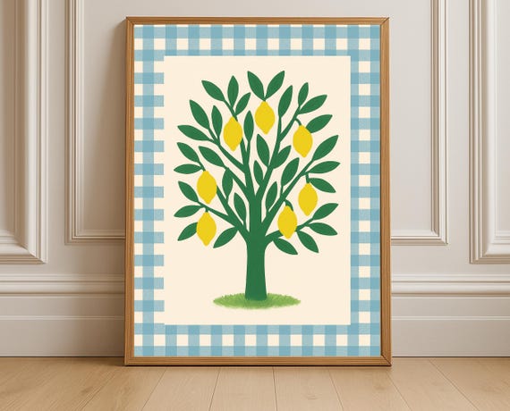 Lemon Tree Kitchen Print Blue Gingham Farmhouse Wall Art Instant