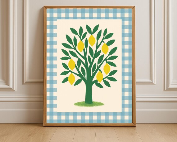 Lemon Tree With Blue Gingham Border Farmhouse Kitchen Art Print
