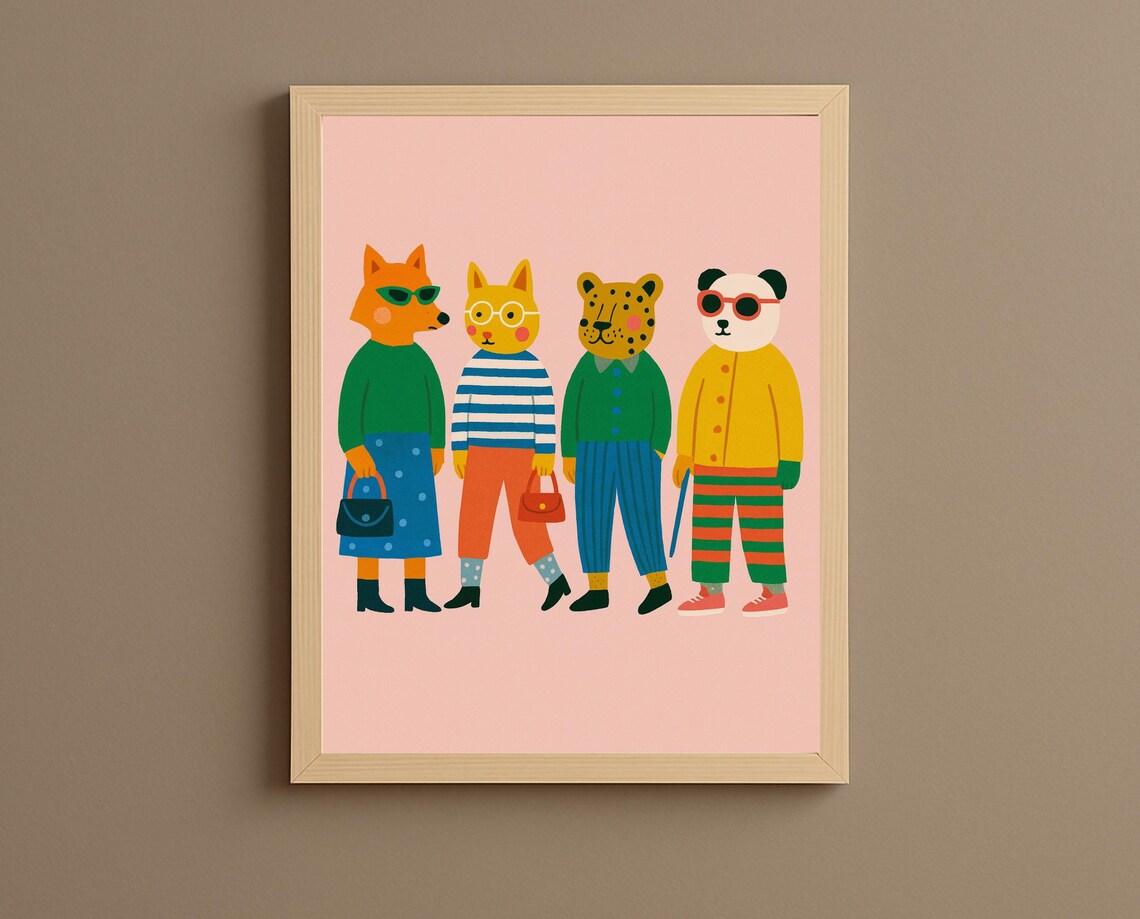 Stylish Animal Friends in Sunglasses and Outfits Nursery Wall Art