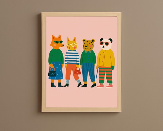 Stylish Animal Friends in Sunglasses and Outfits Nursery Wall Art