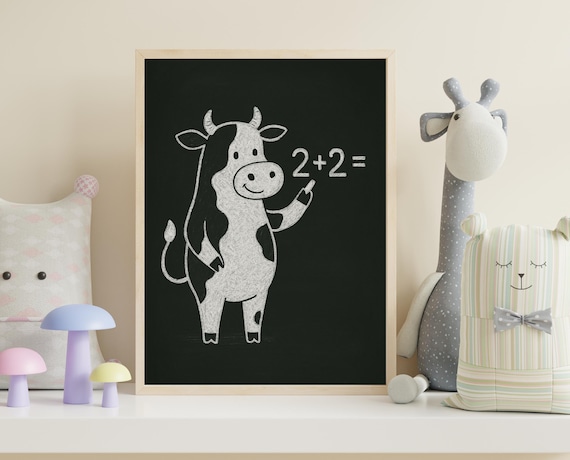 Chalkboard Cow Math Lesson 2 Plus 2 Educational Kids Room Nursery Poster