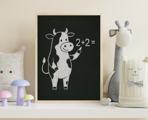 Chalkboard Cow Wall Art Farm Animal Nursery Educational Math Room Decor Instant