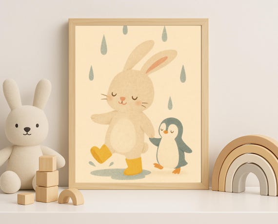 Bunny And Penguin In The Rain Nursery Art Print
