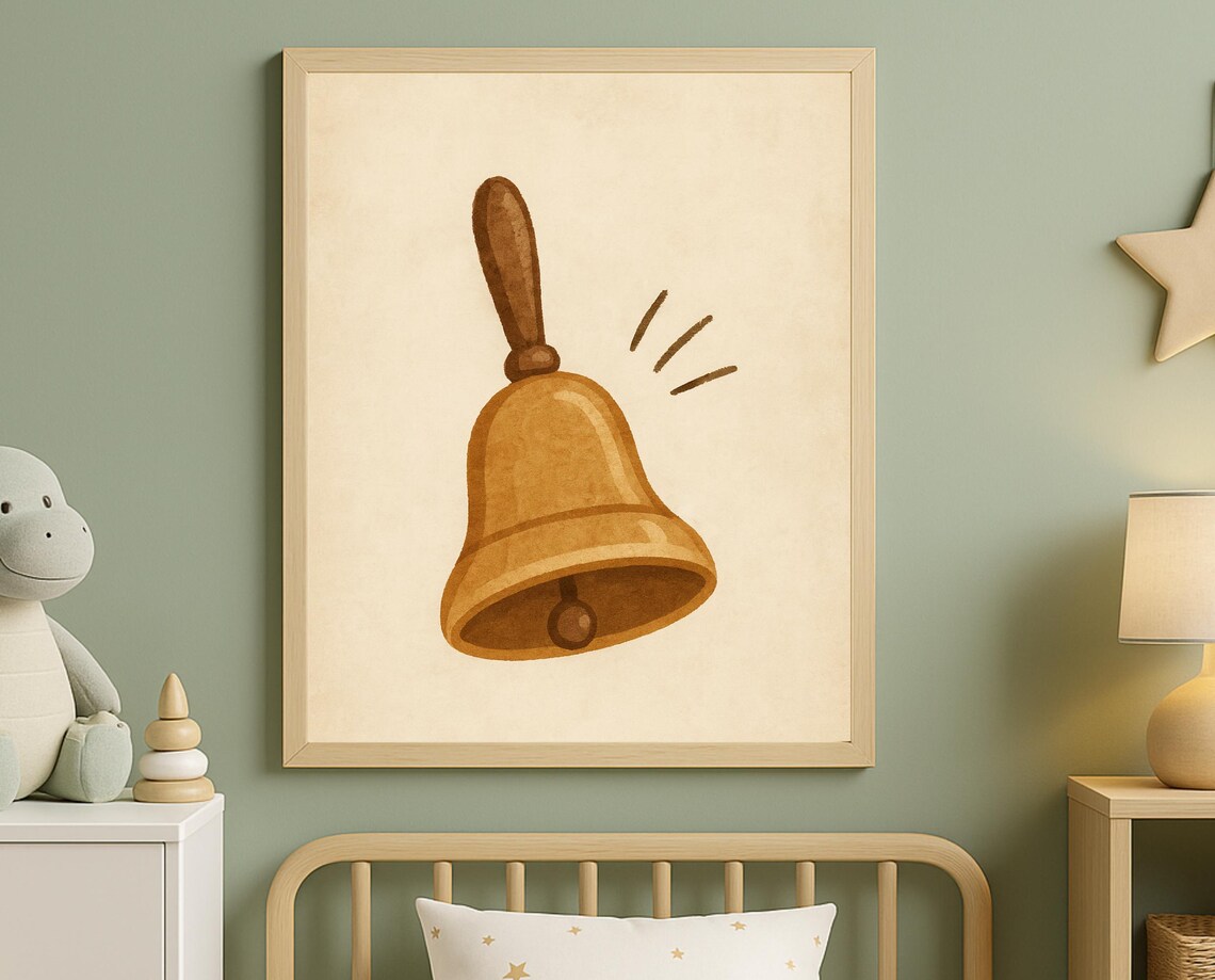 Golden Handbell Ringing Minimal Vintage Baby Room Nursery Decor Poster