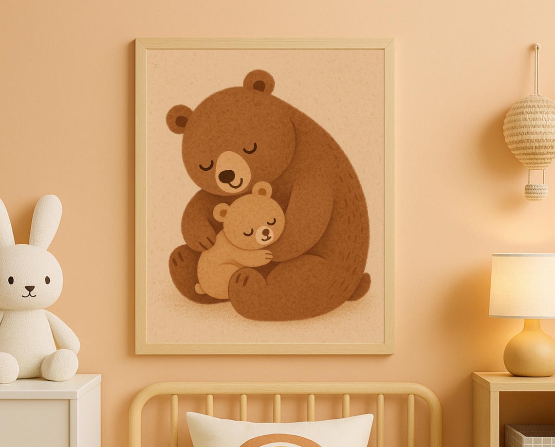 Sweet Mama Bear Hugging Baby Cub Cozy Sleeping Nursery Wall Art