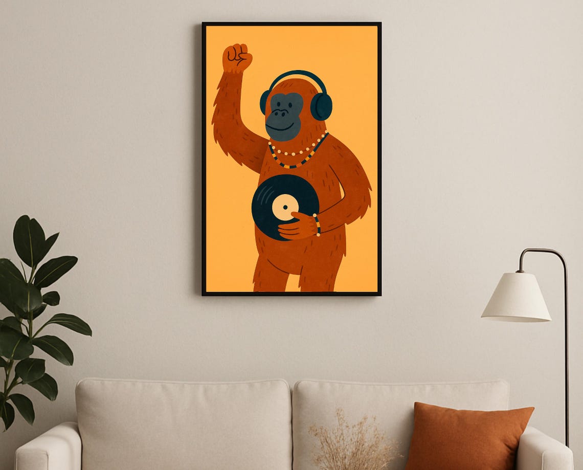 DJ Orangutan With Vinyl Record Headphones Music Decor Poster