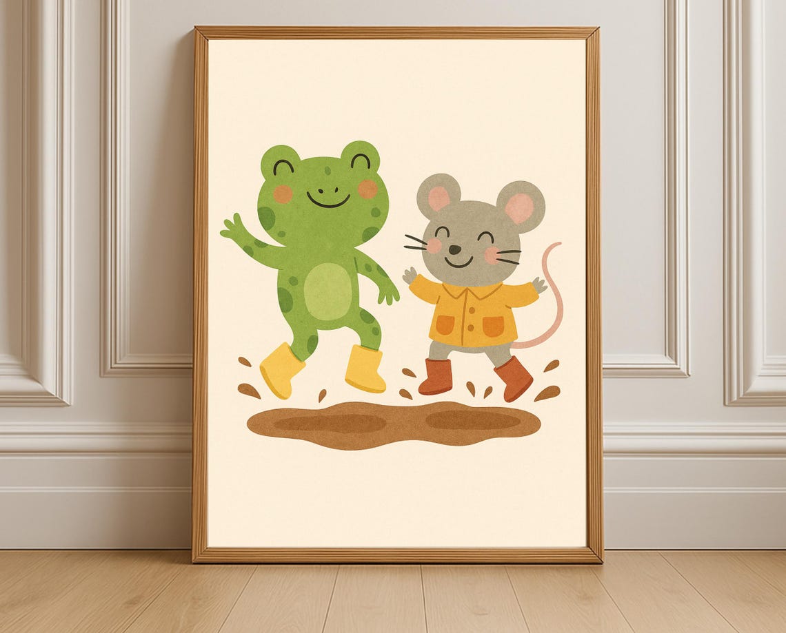 Frog and Mouse Jumping in Muddy Puddle Wearing Rain Boots Poster