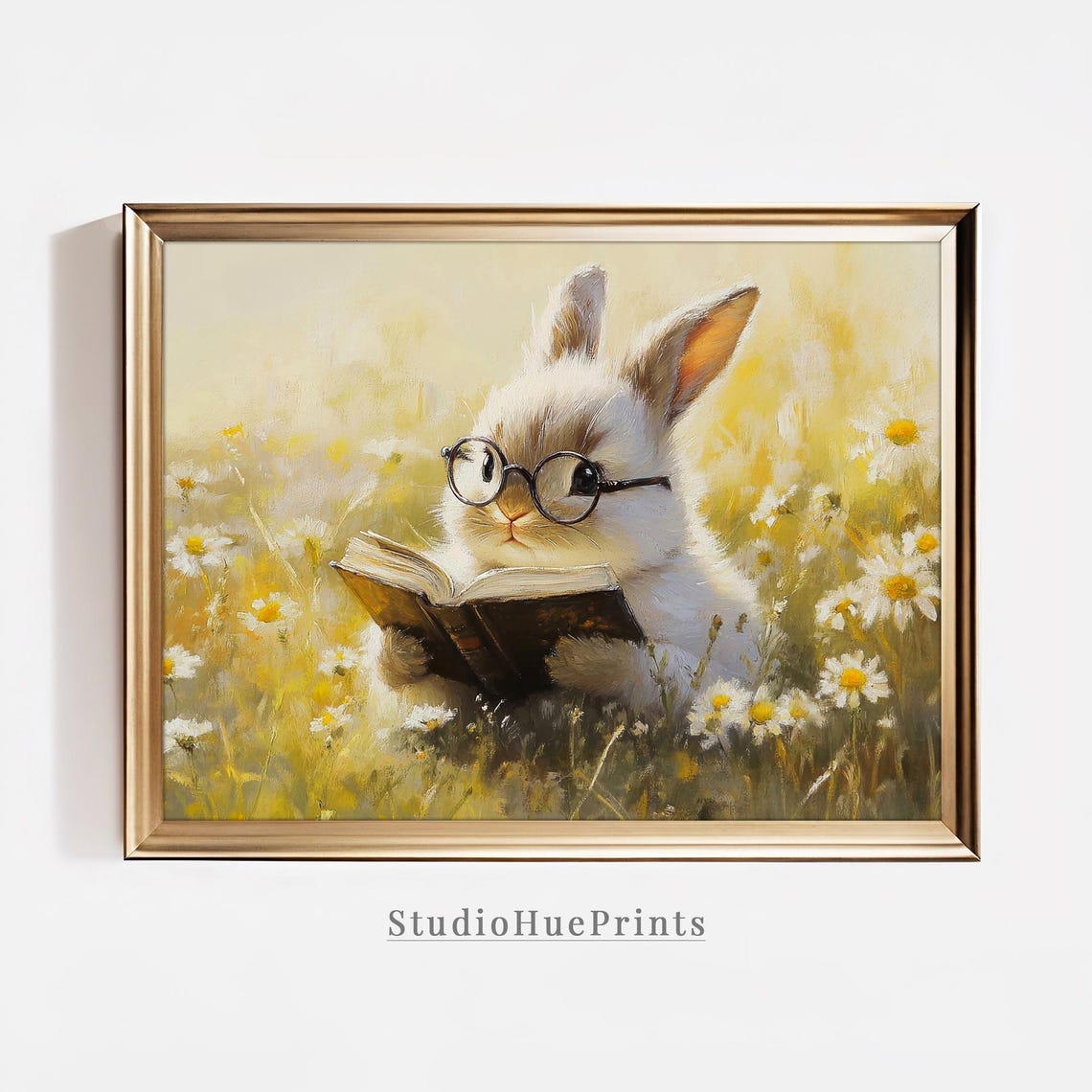 Bunny Wearing Glasses Reading Book Daisy Meadow Cute Wall Art Print