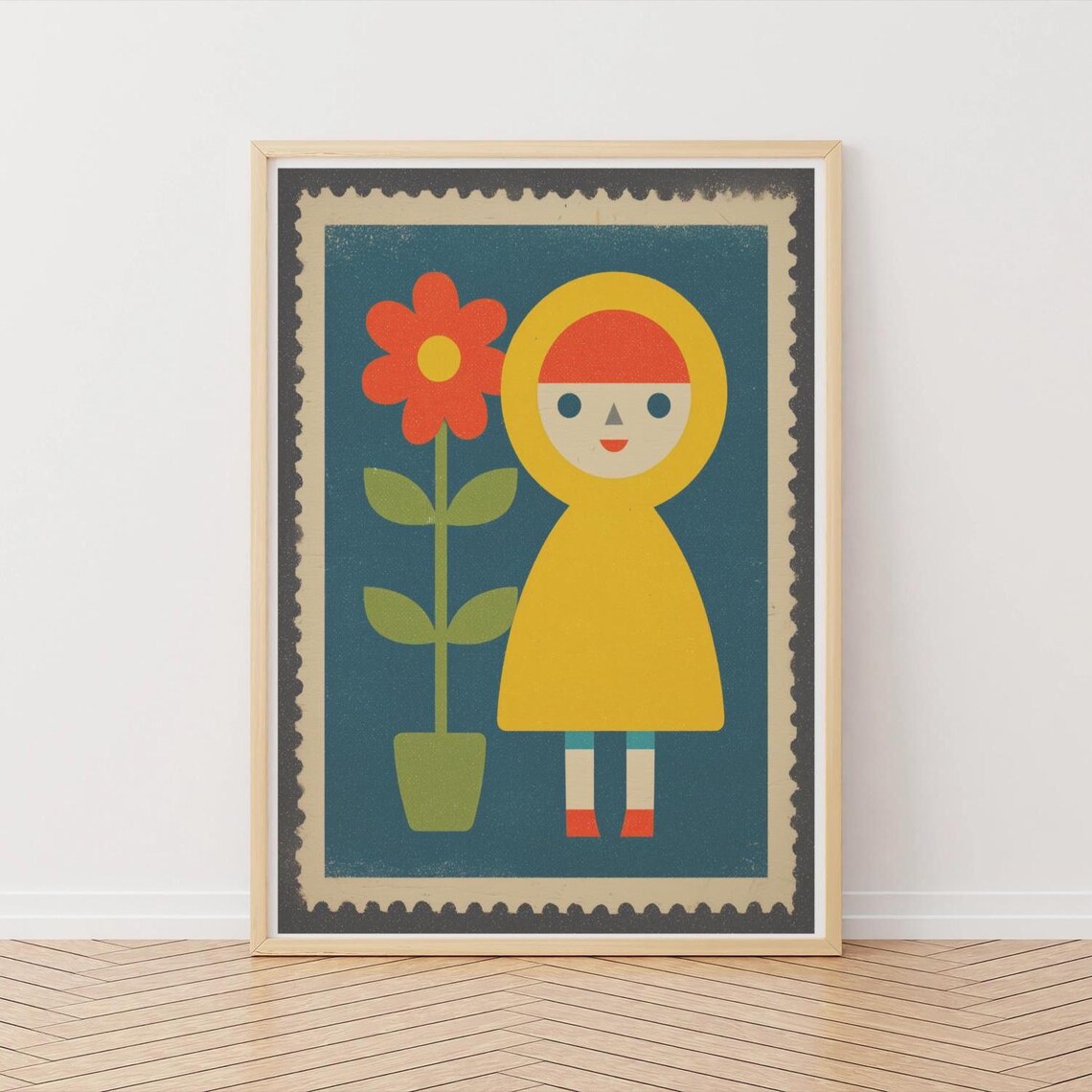 Retro Scandinavian Girl with Red Flower Stamp Folk Art Poster