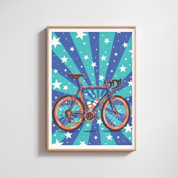 Racing Bicycle With Starburst Background Blue Orange Cycling Poster
