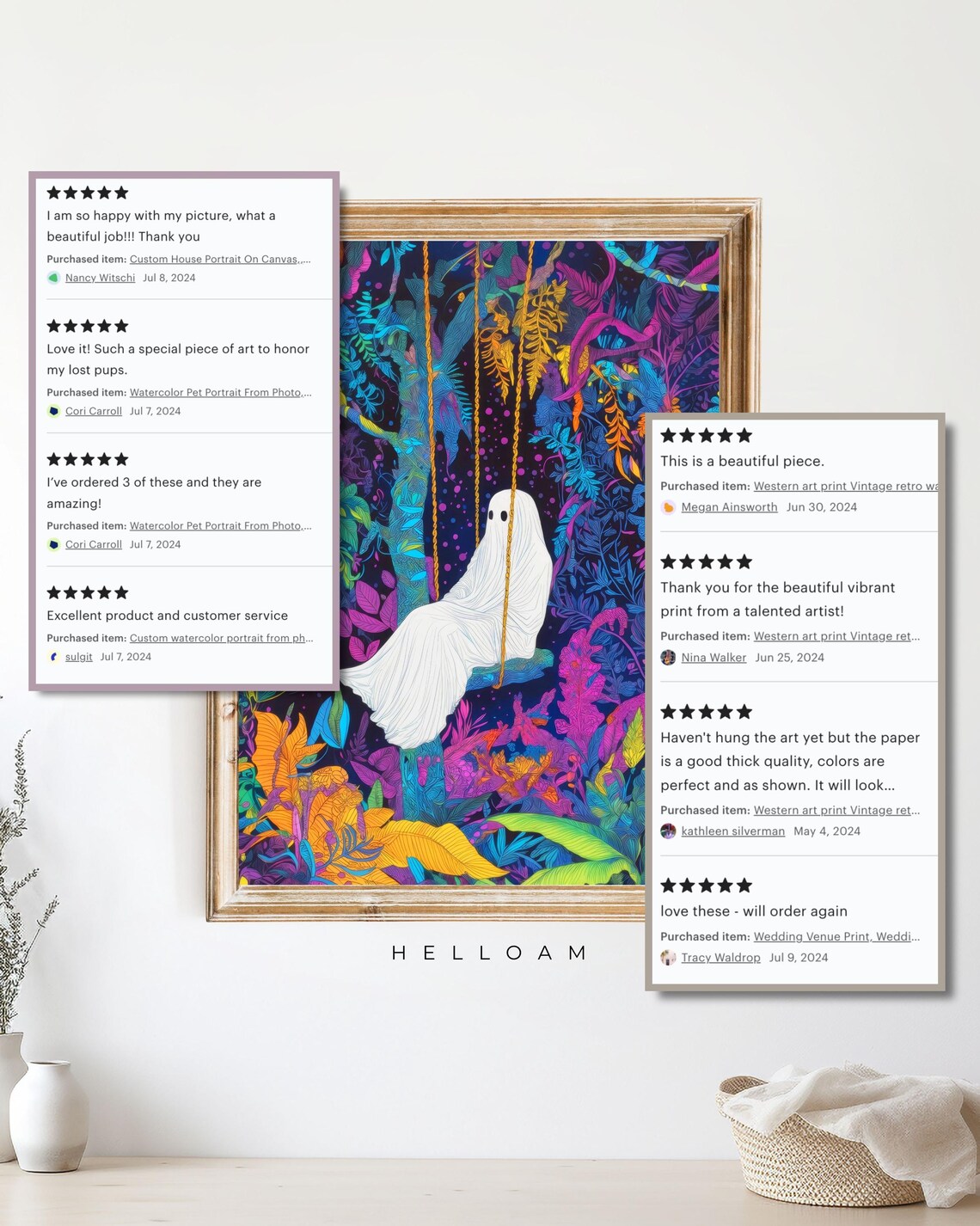 Cute Ghost On Swing In Neon Night Jungle Colorful Flowers Halloween Poster - Image 4