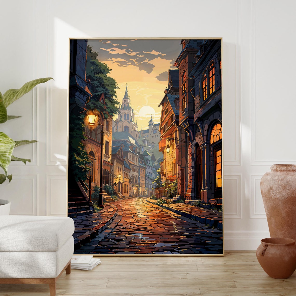 Old European Cobblestone Street at Sunset With Glowing Windows Poster - Image 2