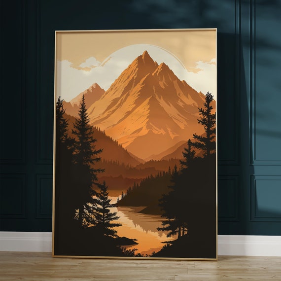 Mountain Poster With Sunset View Rustic Landscape Print For Nature Lovers Scenic Wall Art For Home Decor