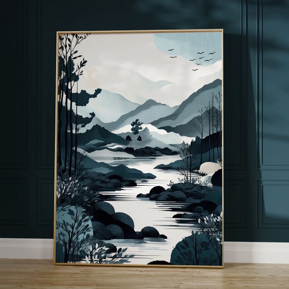Japandi Art Nature Wall Decor Earth Tone Zen Mountain Poster Scandinavian Minimalist Teal Home Decor Hygge Nordic Japanese Style