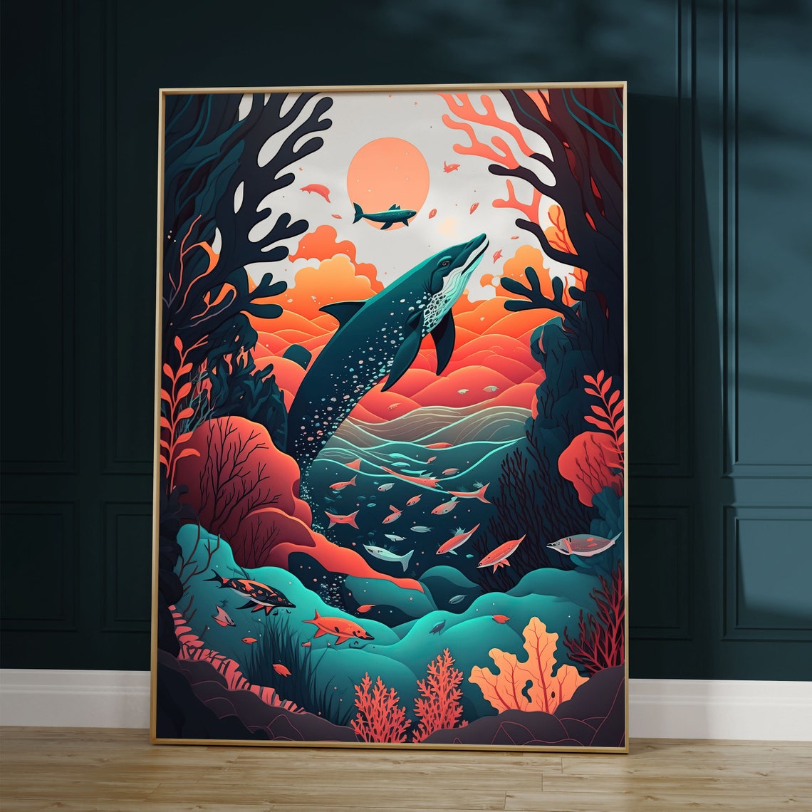 Whale Breaching at Sunset in a Surreal Coral Ocean World Poster