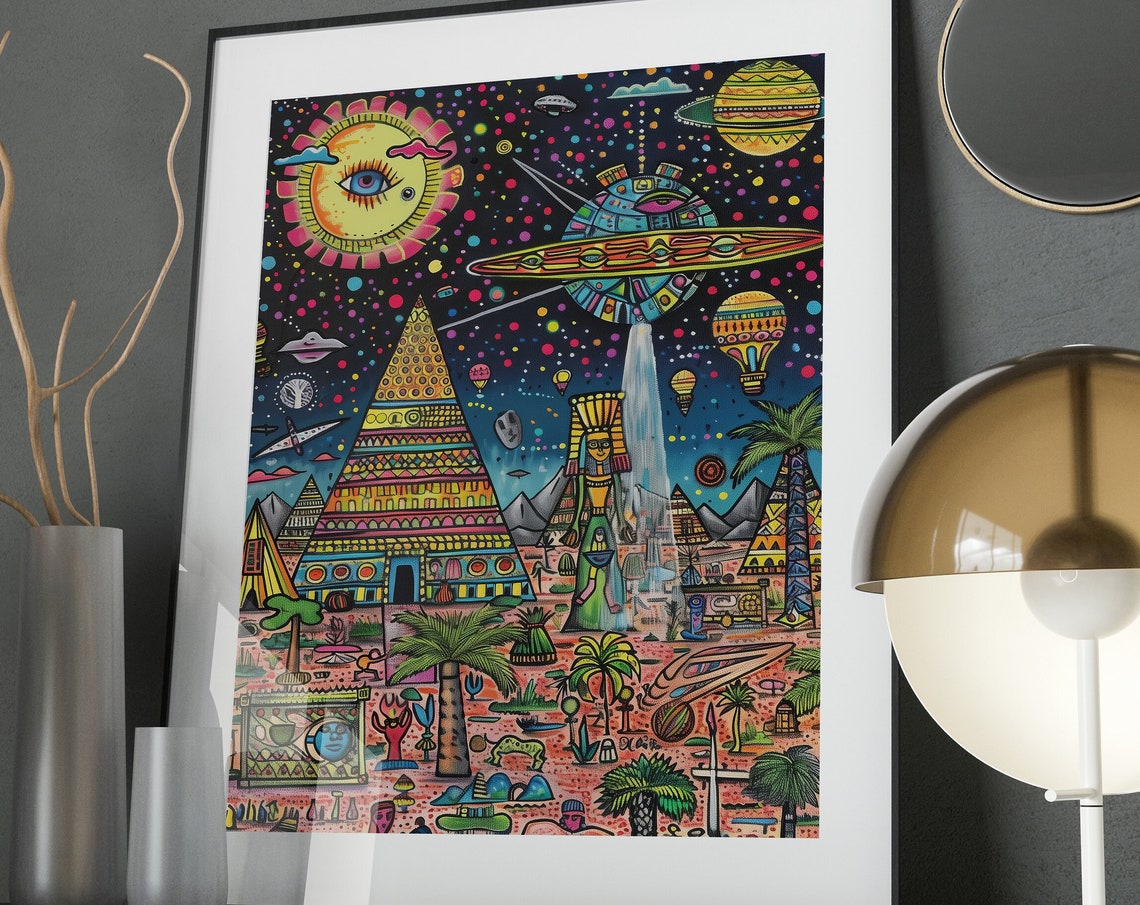 Surreal Ancient Egypt Art Poster Pyramids UFO Colorful Night Sky