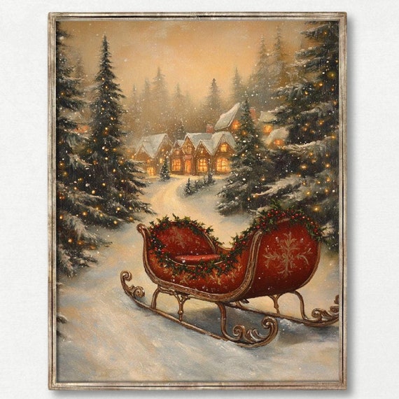 Father Christmas Sleigh Vintage Christmas Art Print