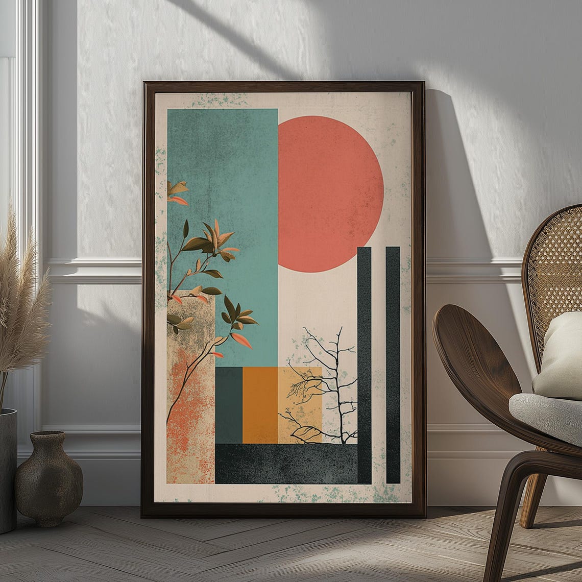 Modern Abstract Geometric Botanical Branches and Sun Art Poster
