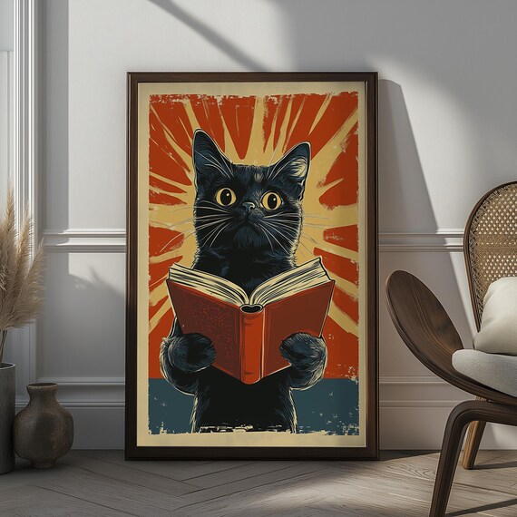 Black Cat Reading Red Book Retro Pop Art Funny Bookish Poster