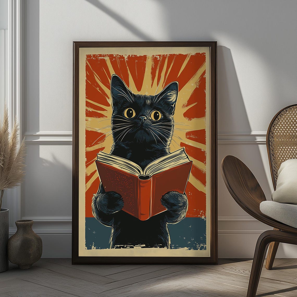 Black Cat Reading Red Book Retro Pop Art Funny Bookish Poster