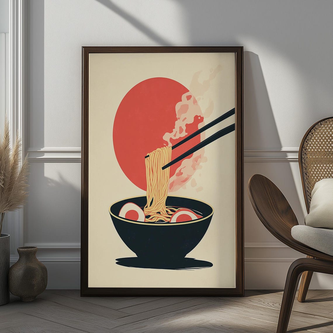 Japanese Ramen Bowl with Red Sun Retro Asian Kitchen Food Poster