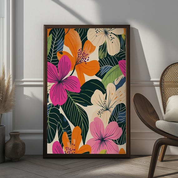 Vibrant Tropical Flower Art Print Bold Pink Orange And Green Floral Design Modern Botanical Wall Decor For Living Room Or Bedroom
