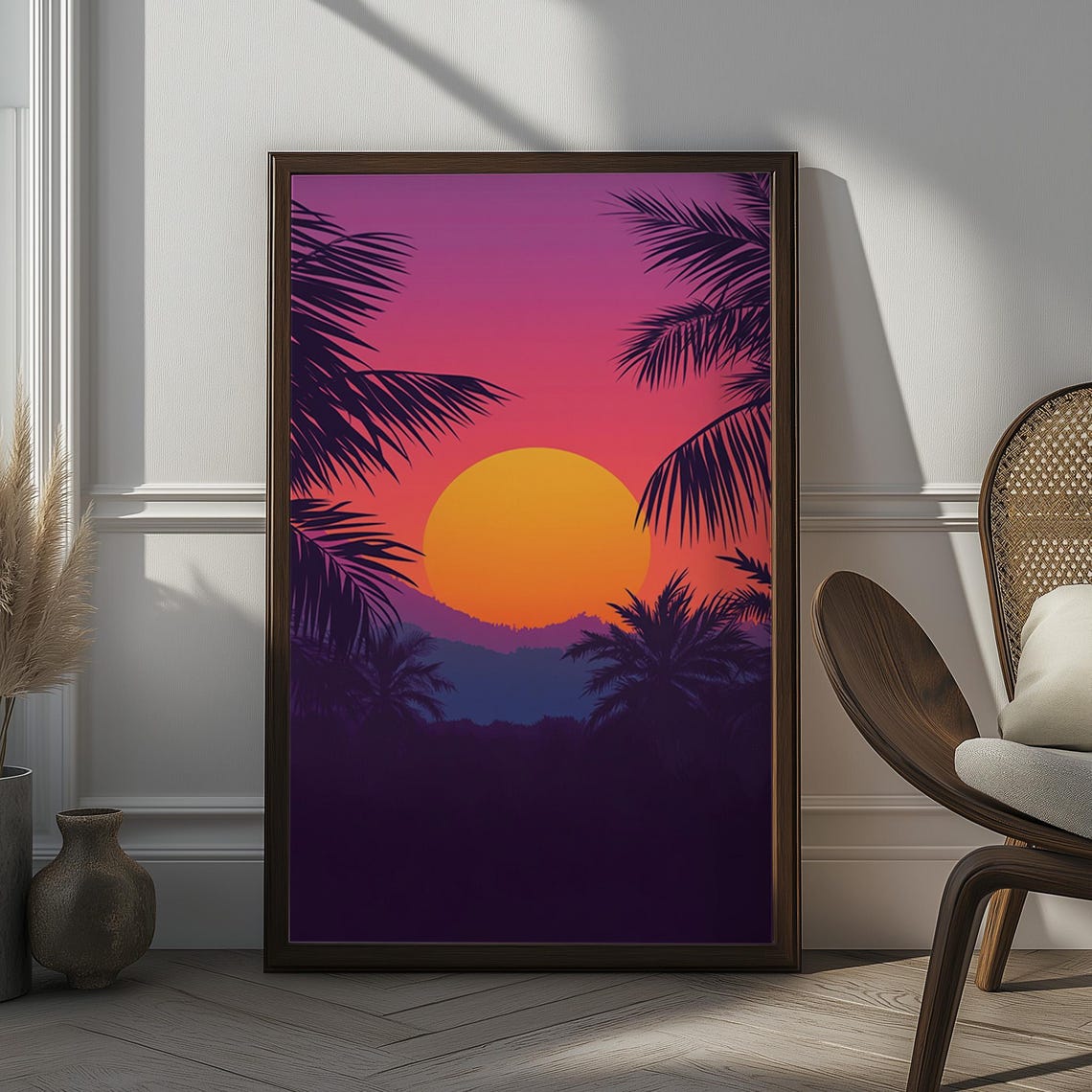 Tropical Palm Silhouette Sunset Beach Retro Vaporwave Style Poster