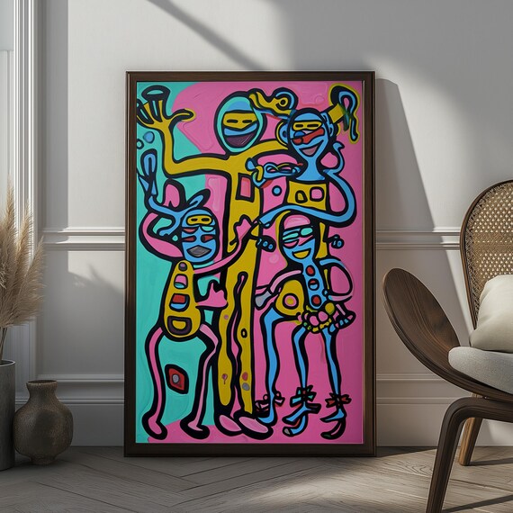 Colorful Abstract Family Portrait Modern Line Art Fun And Playful People Illustration Bold Wall Art Vibrant Abstract Artwork