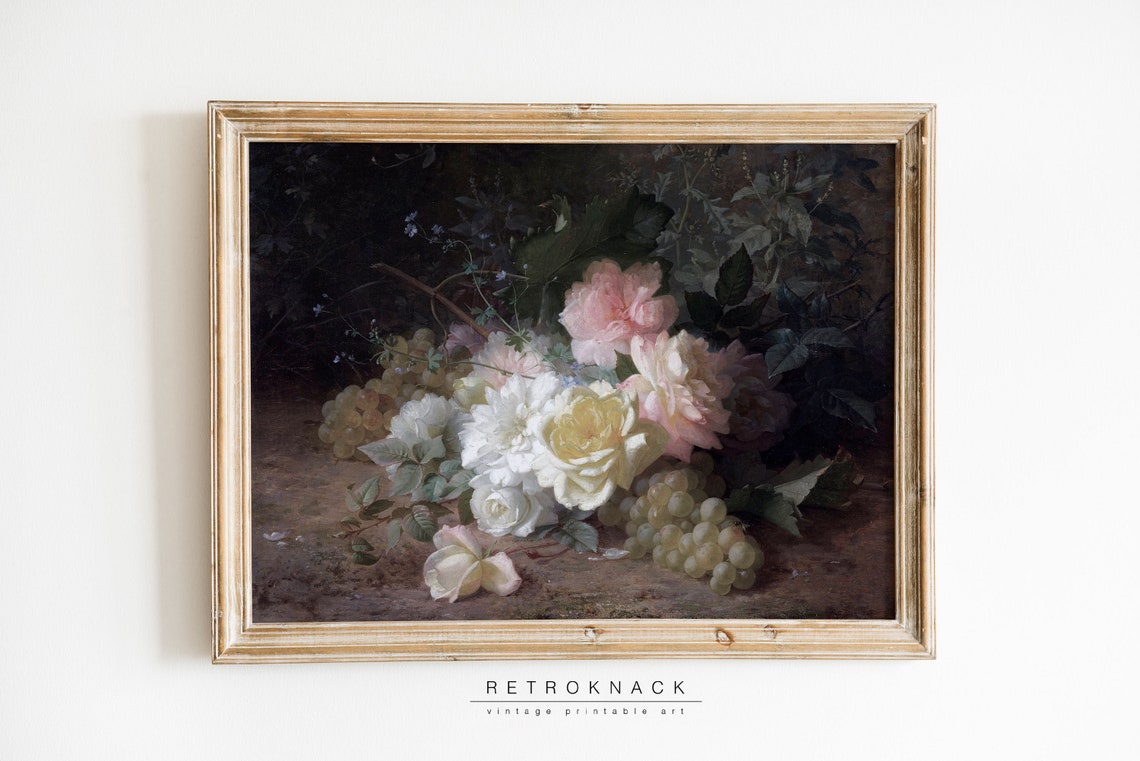 Floral Still Life Painting Roses Wall Art Flowers French Antique Oil Painting Farmhouse Decor Pt24