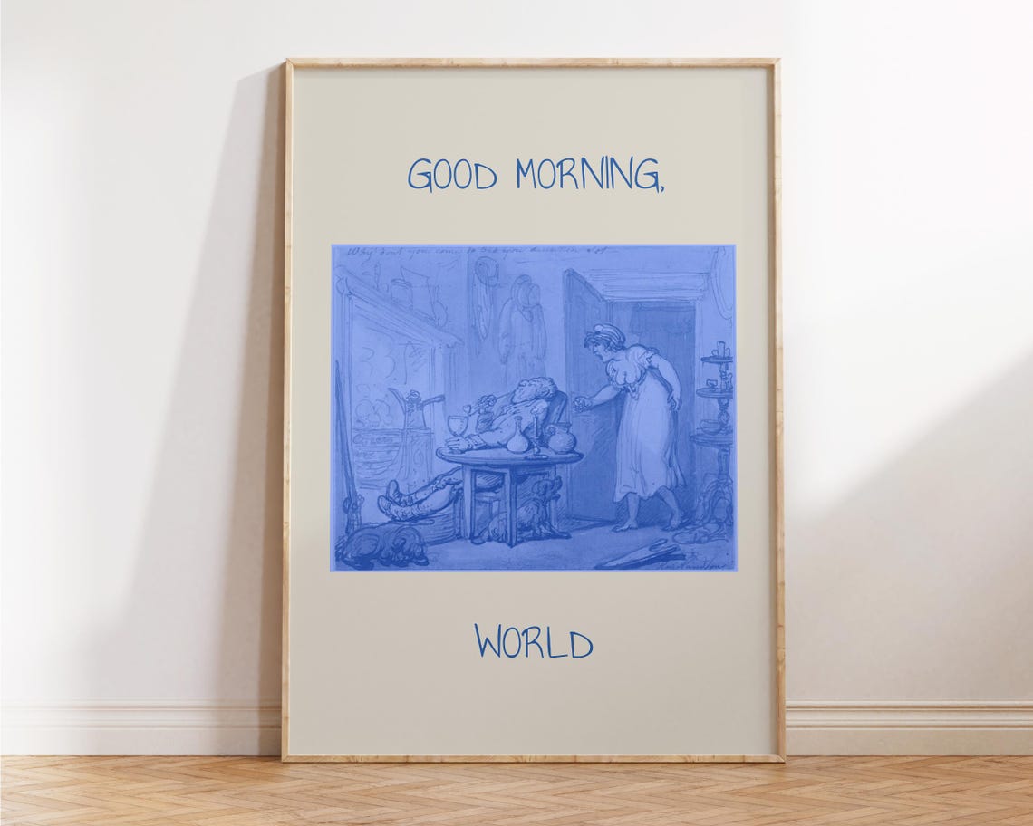 Good Morning World Blue Vintage Sketch Retro Bedroom Wall Art Poster - Image 2