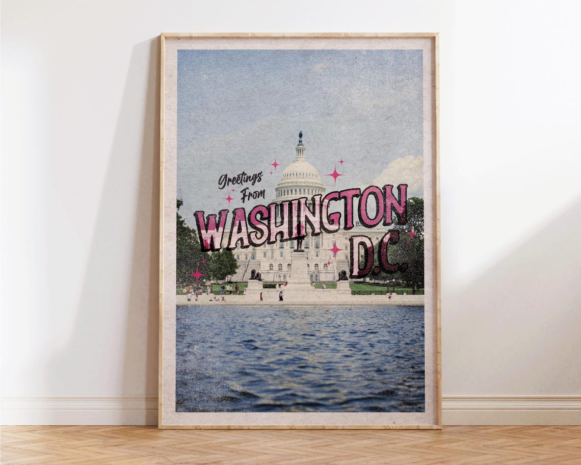 Washington DC Retro Capitol Pink Travel Poster Vintage Greetings Style