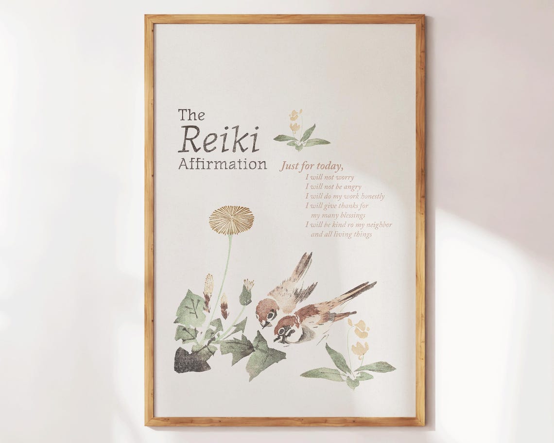 Reiki Affirmation Japanese Sparrow Wildflower Zen Wellness Poster - Image 2