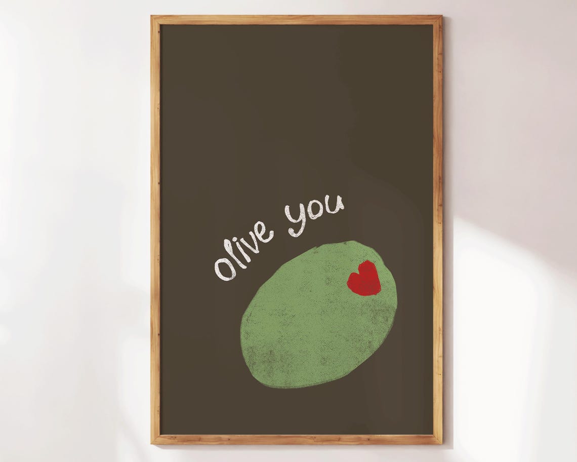 Olive You Funny Quote Wall Art Dark Brown Green Olive Heart Poster - Image 2