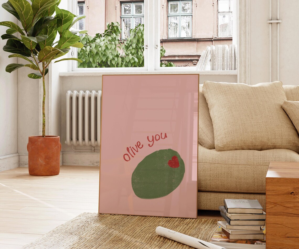 Olive You Pink Background Cute Food Pun Quote Wall Art Poster - Image 4