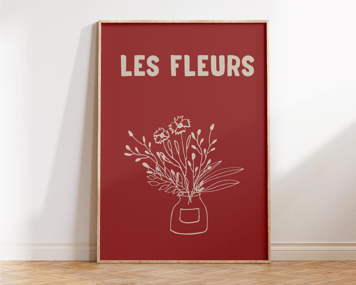 Les Fleurs French Red Botanical Flower Vase Line Art Retro Poster